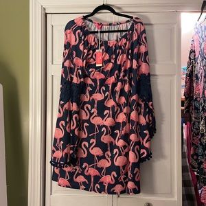 Flamingo dress w/bell sleeves. Size L by Simply Southern, New w/tags.